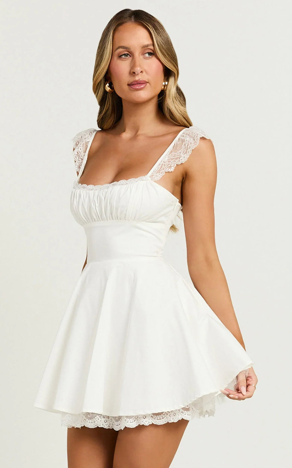 Adalee Mini Dress - Sleeveless Ruched Bodice Lace Trim Dress in Off White