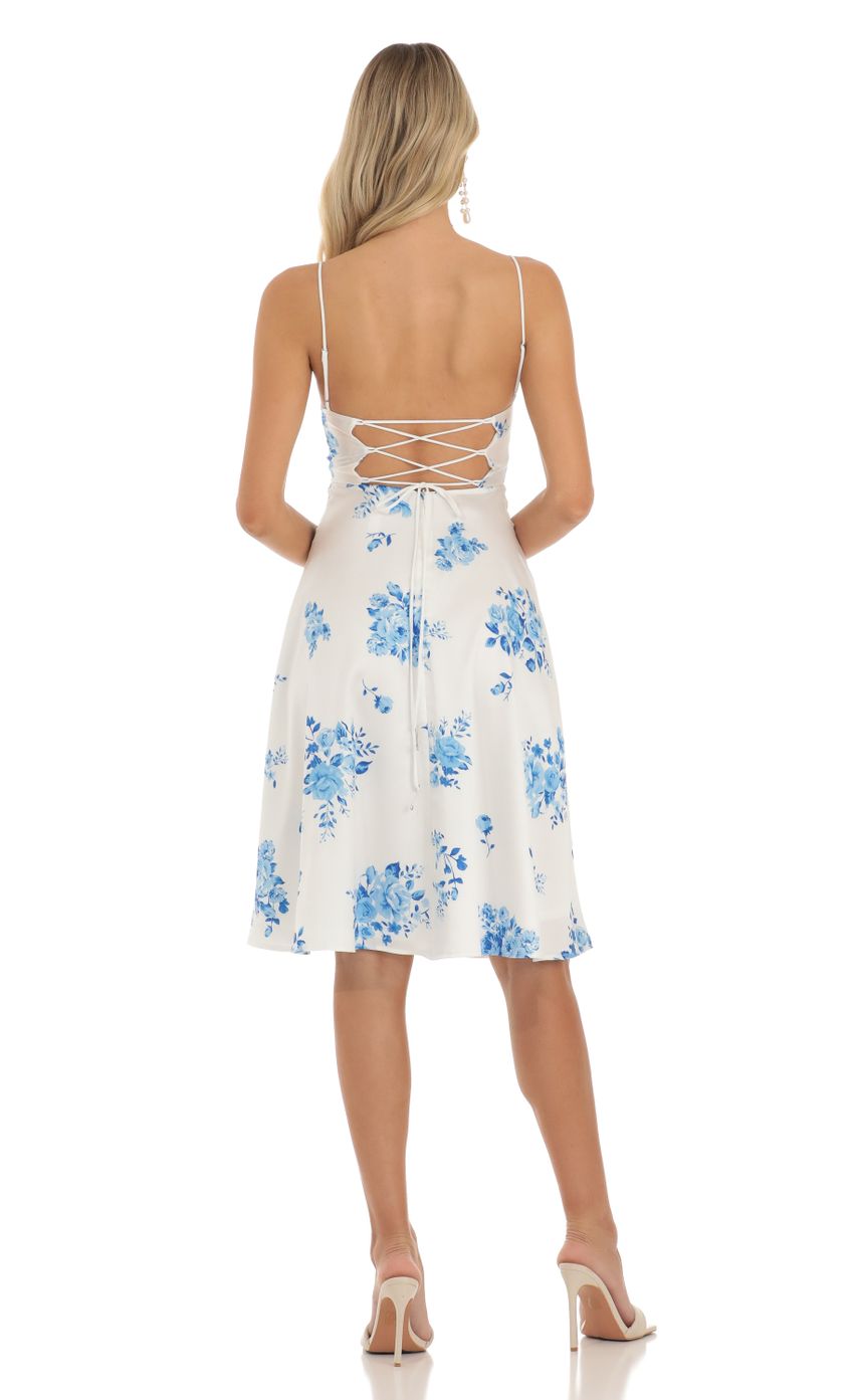 Satin Floral Midi Dress in White