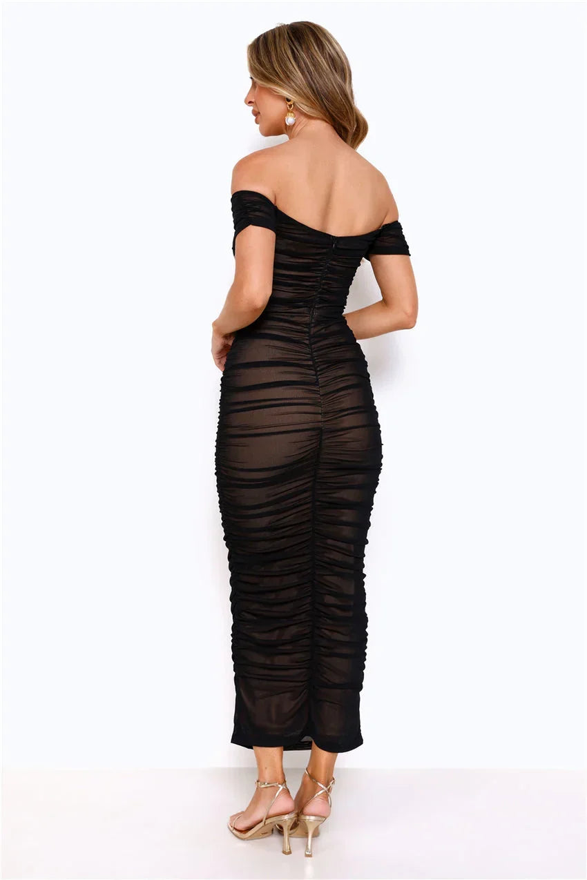 Power Moves Off Shoulder Mesh Maxi Dress Black