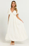 Lyrad Midi Dress Linen Empire Waist Textured Dress in White