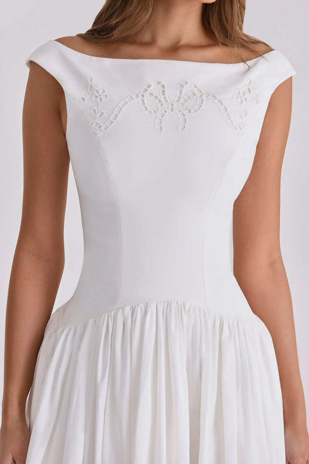 white cotton broderie anglaise boat neck maxi dress
