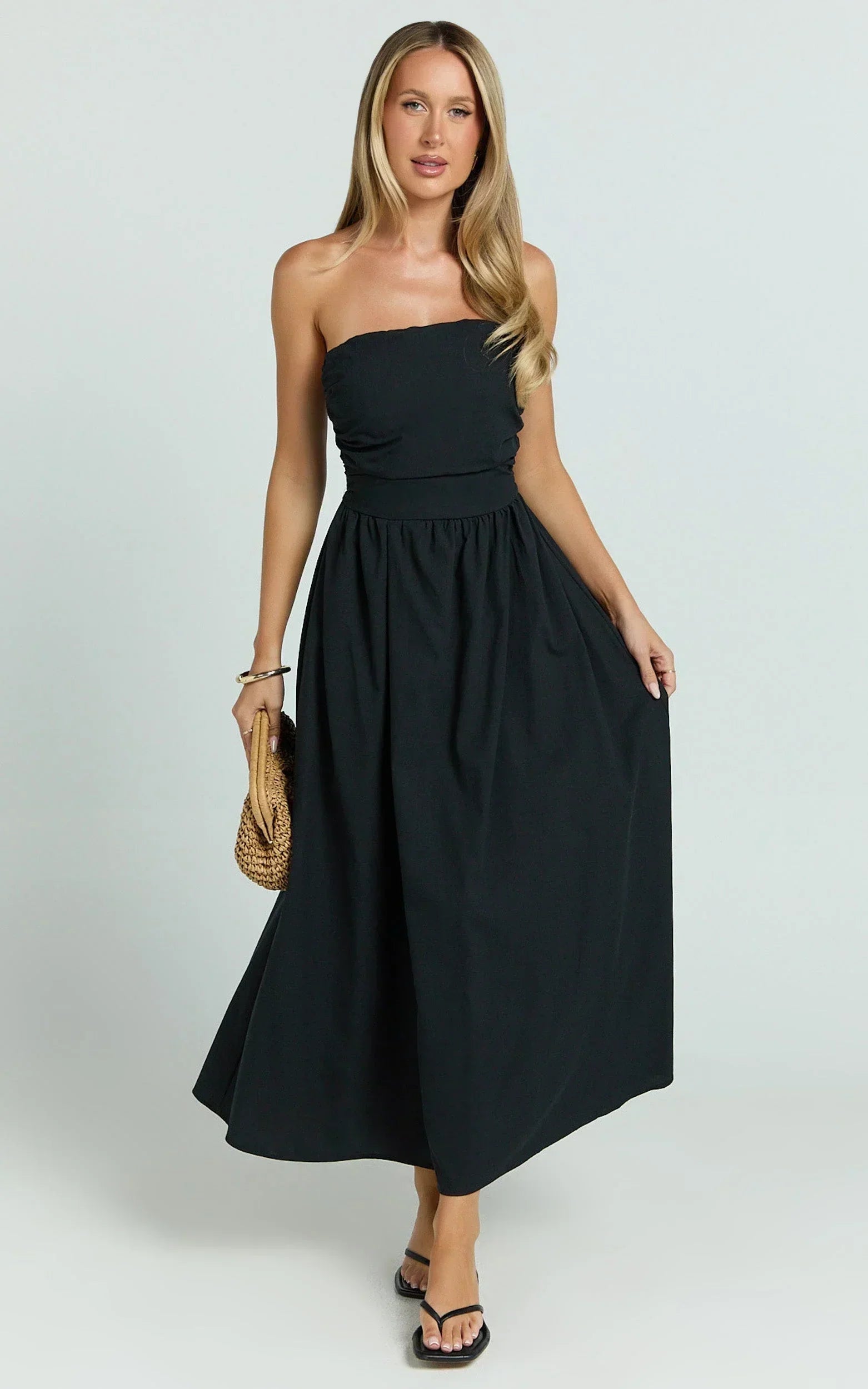 Polly Midi Dress - Strapless Ruched Dress in Black