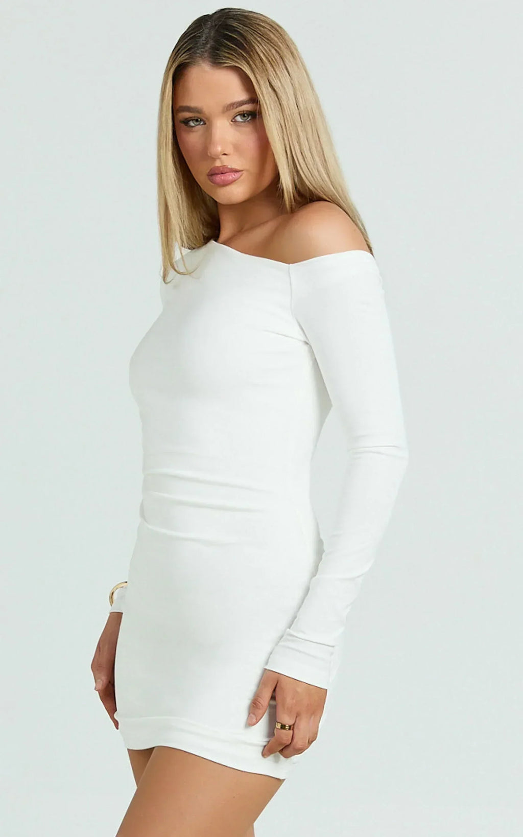 Nori Mini Dress - One Shoulder Long Sleeve Bodycon Dress in Off White
