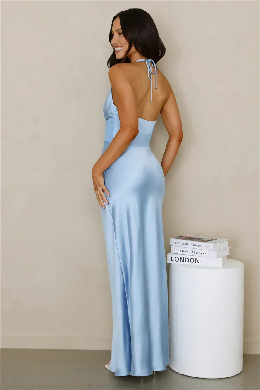 Spiced Sunset Satin Halter Maxi Dress