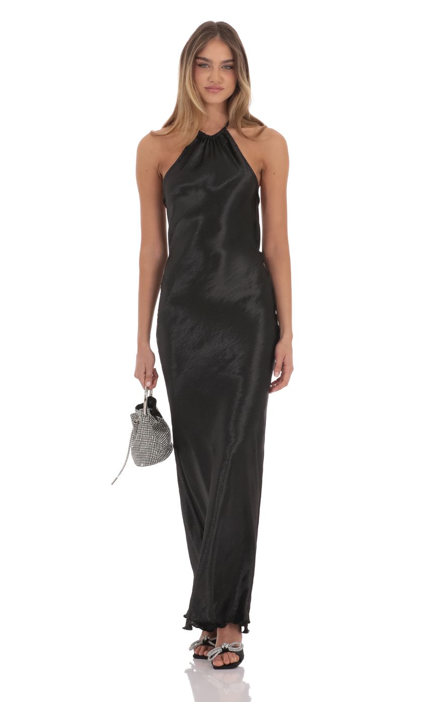 Rhinestone Satin Open Back Maxi Dress in Black