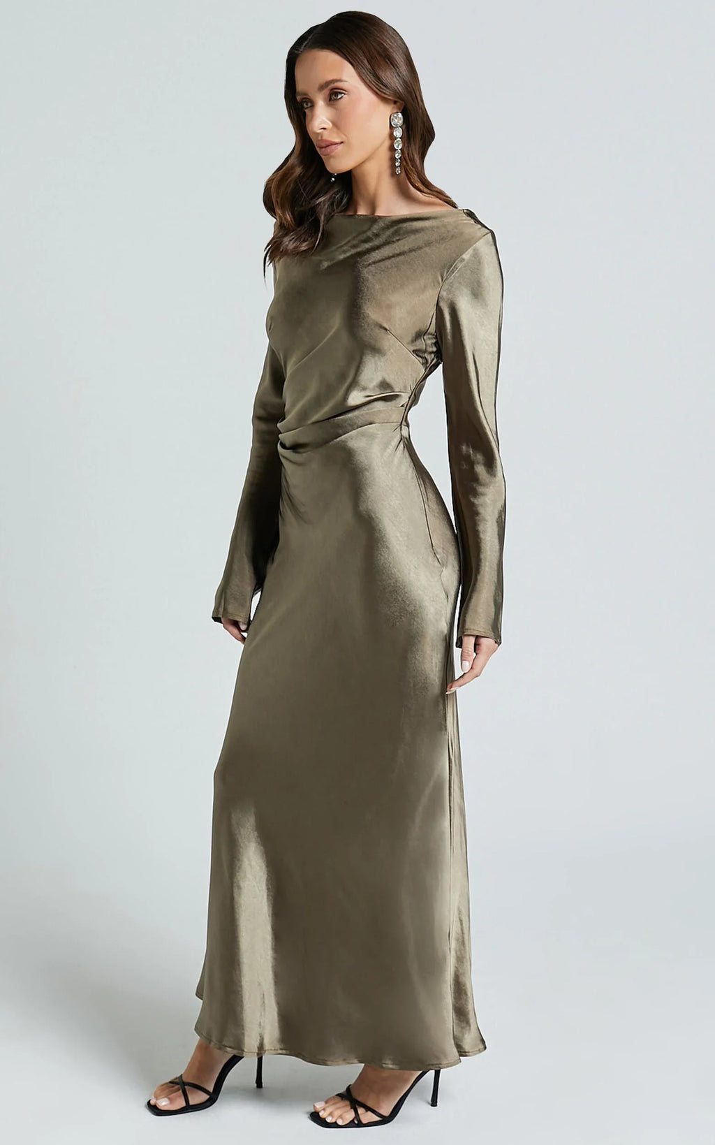 Arriana Midi Dress - Long Sleeve Cowl Back Satin Dress in Dark Olive