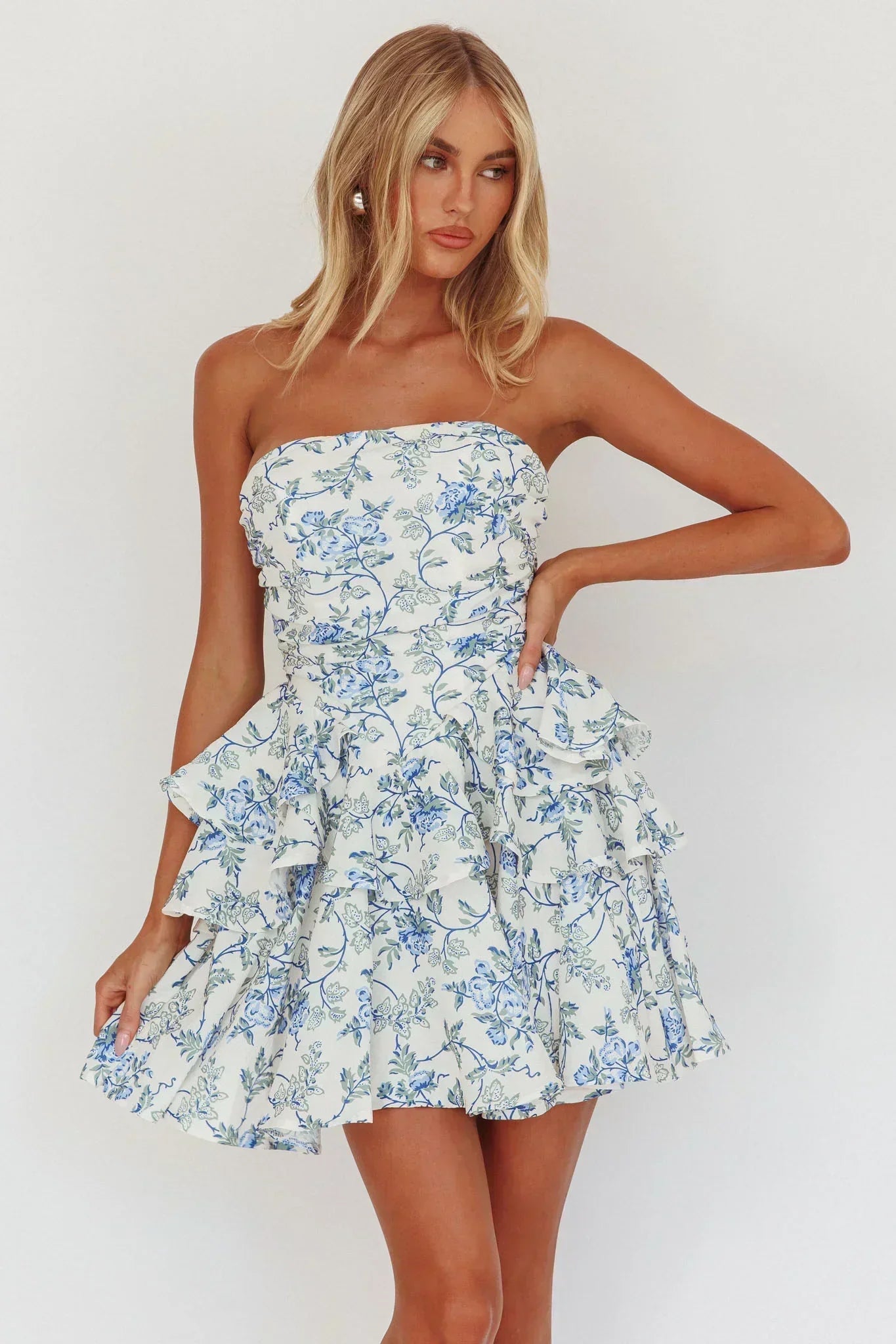 Like Me Tied Back Layered Mini Dress Floral Blue