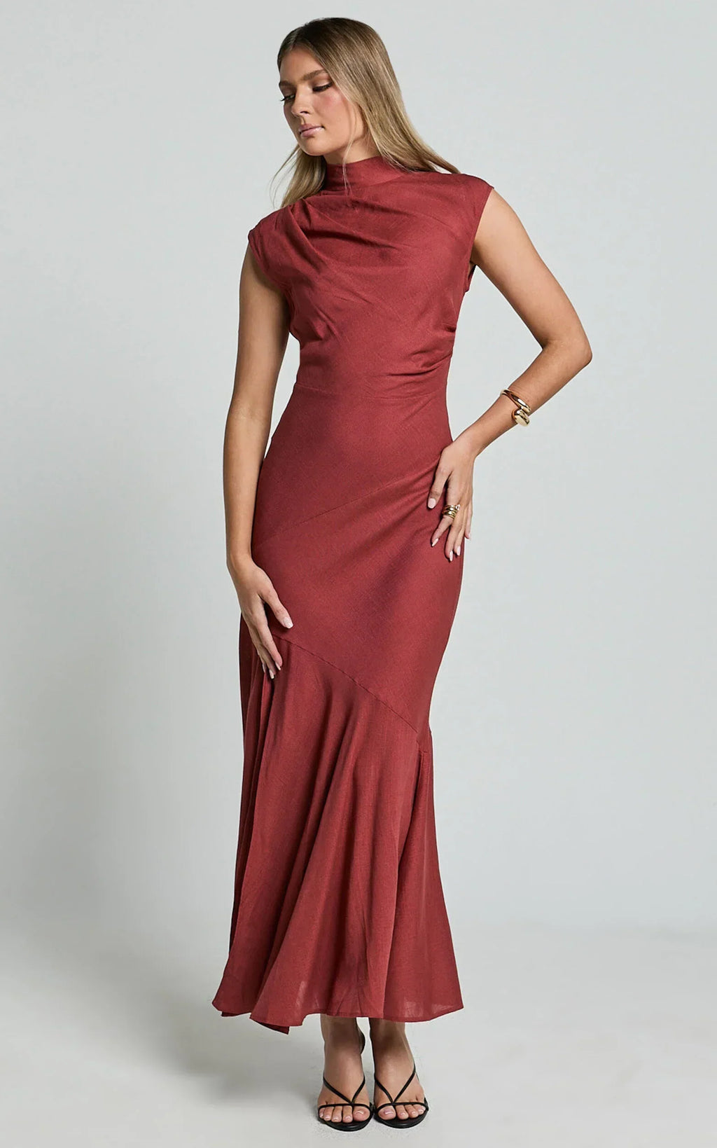 Arielle Maxi Linen Dress - High Neck Thigh Split Slip Dress in Rust