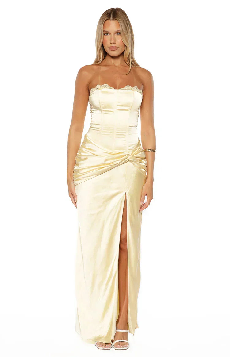 Sasha Yellow Ruched Twist Satin Maxi Dress