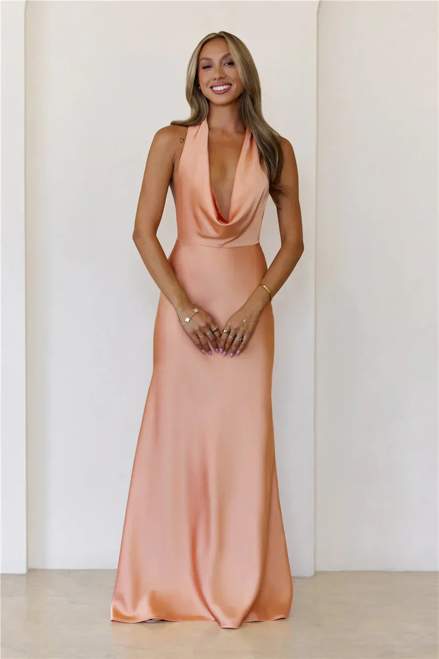 Nightfall Noir Halter Satin Maxi Dress
