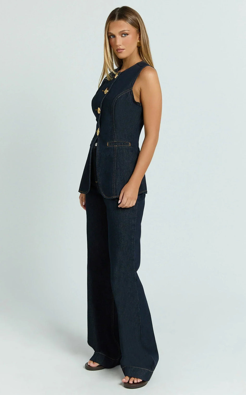 Rhianna Top - Button Down Longline Recycled Denim Vest Top in Raw Denim