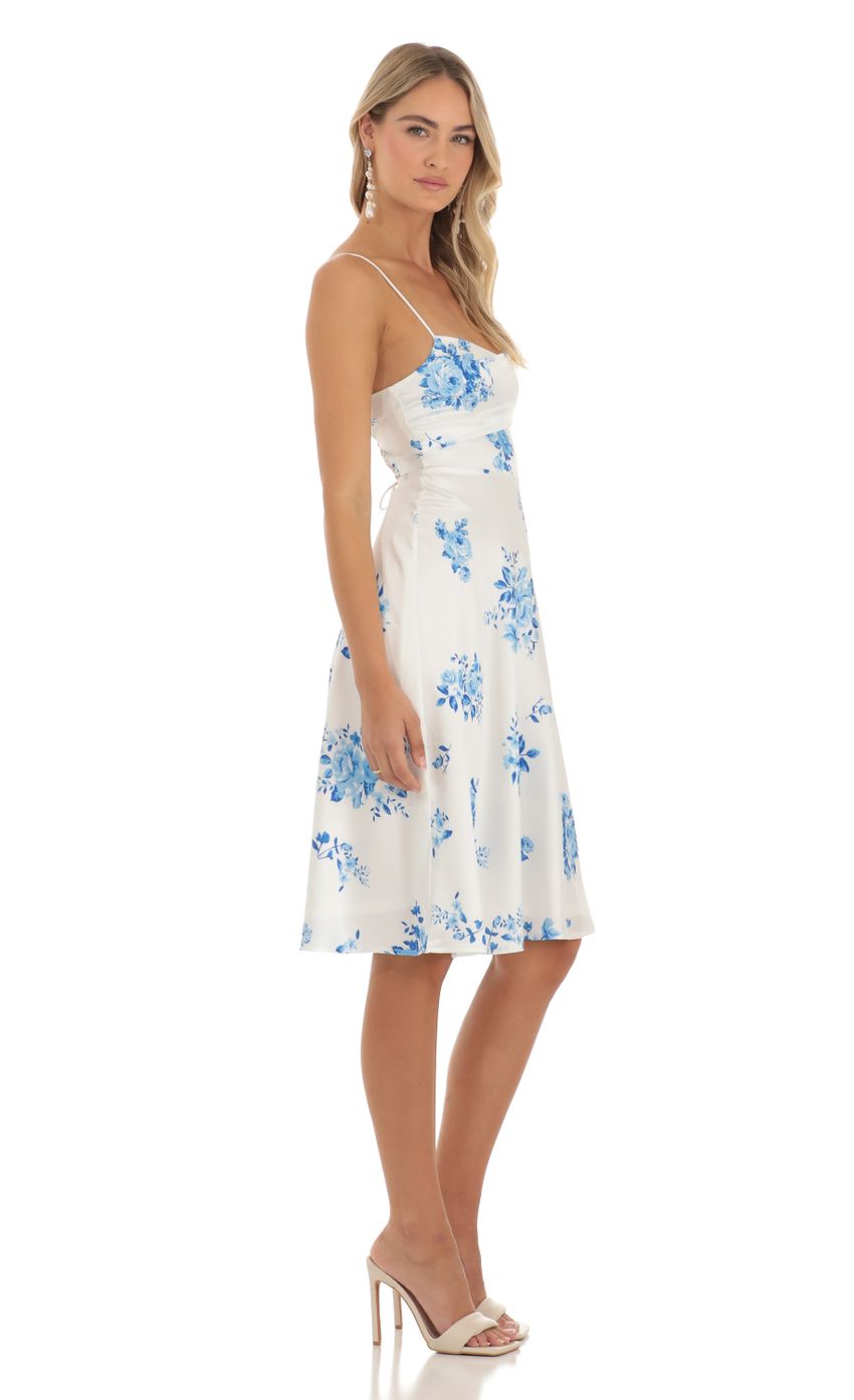 Satin Floral Midi Dress in White