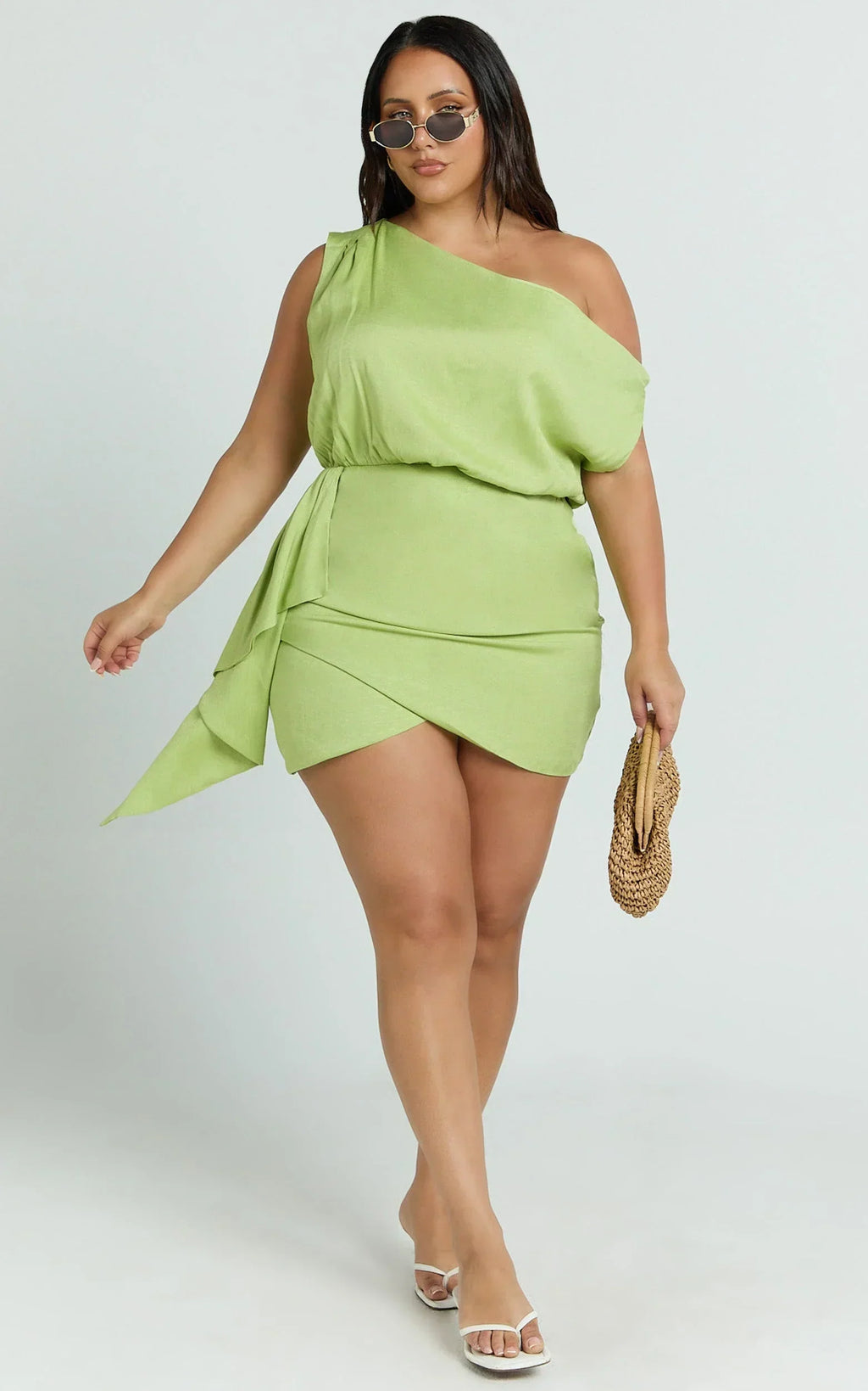Niana Mini Dress - Drape One Shoulder Dress in Green