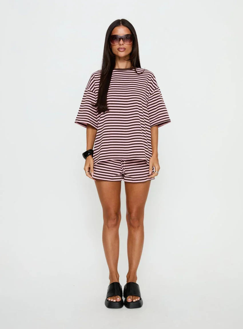 Settle Down Short Sleeve Top Pink / Brown Stripe