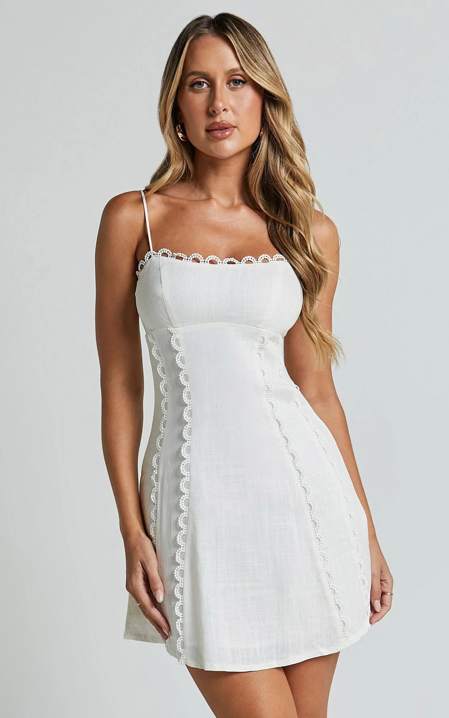 Gelli Mini Linen Blend Dress - Strappy Lace Detail Dress in White