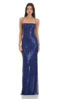 Sequin Mesh Maxi Dress in Blue