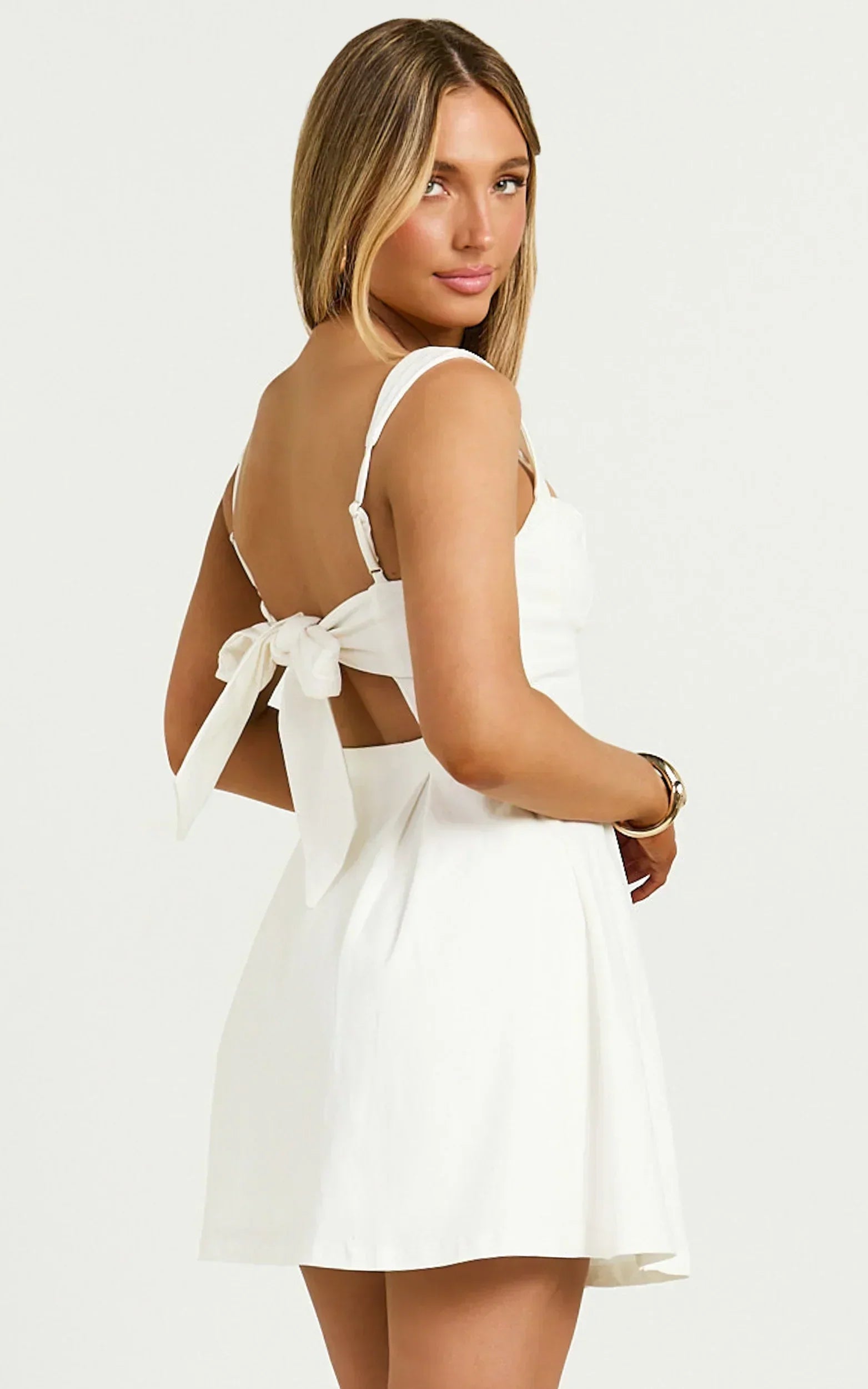 Ida Mini Dress - Wide Strap Straight Neck  Bow Back Dress In White