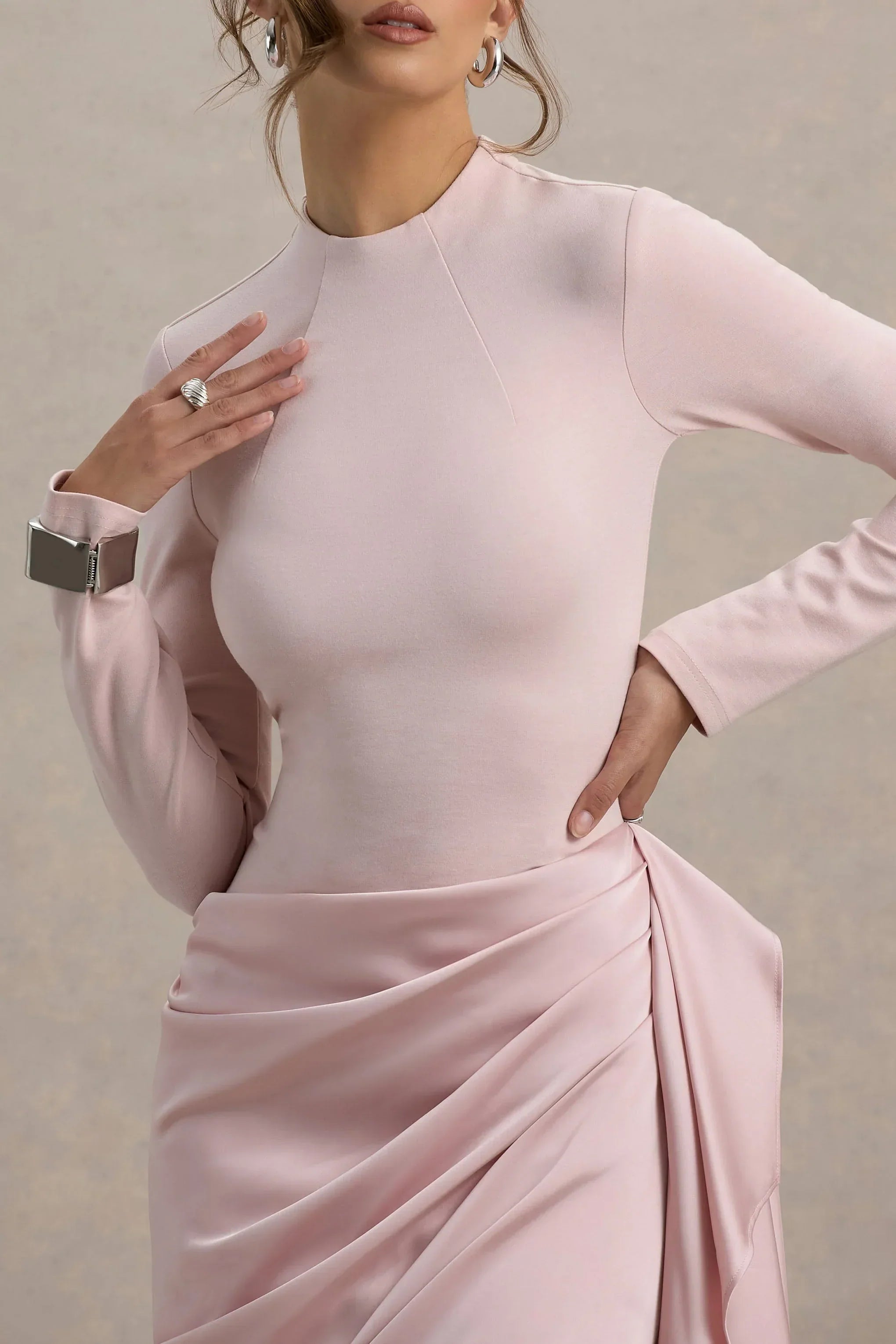 Raffie | Pink Long-Sleeve Midi Dress With Satin Wrap Skirt