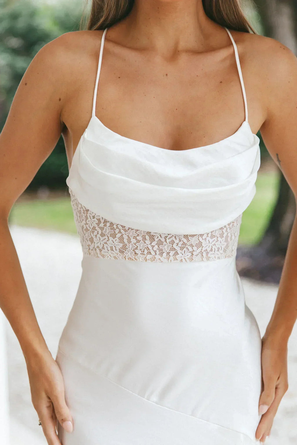 Golden Era Cowl Neck Lace Waist Midi Dress White