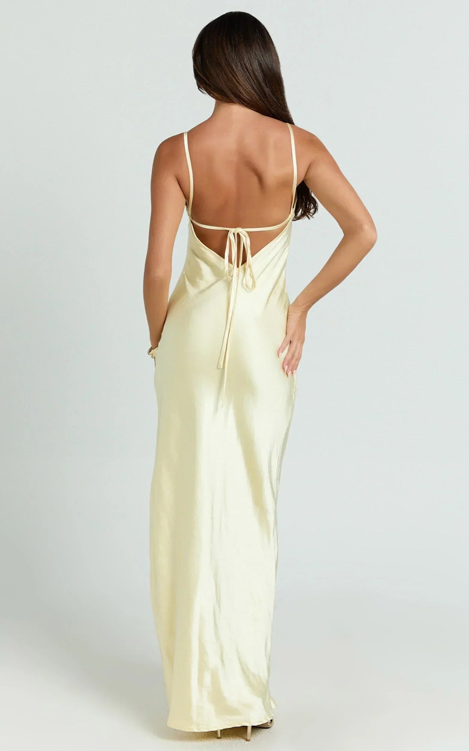 Natalie Maxi Dress - Satin Scoop Neck Low Tie Back Slip Dress in Lemon