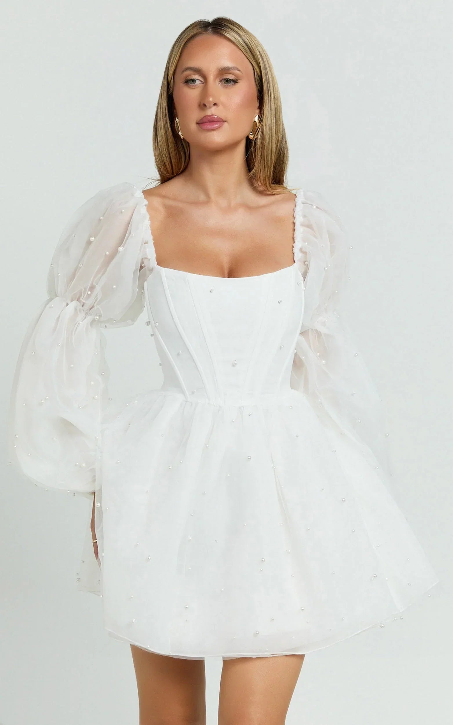 Ingrid Mini Dress - Long Puff Sleeve Pearl Detail Dress in White