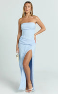 Berri Maxi Dress - Strapless Jacquard High Split Dress in Blue