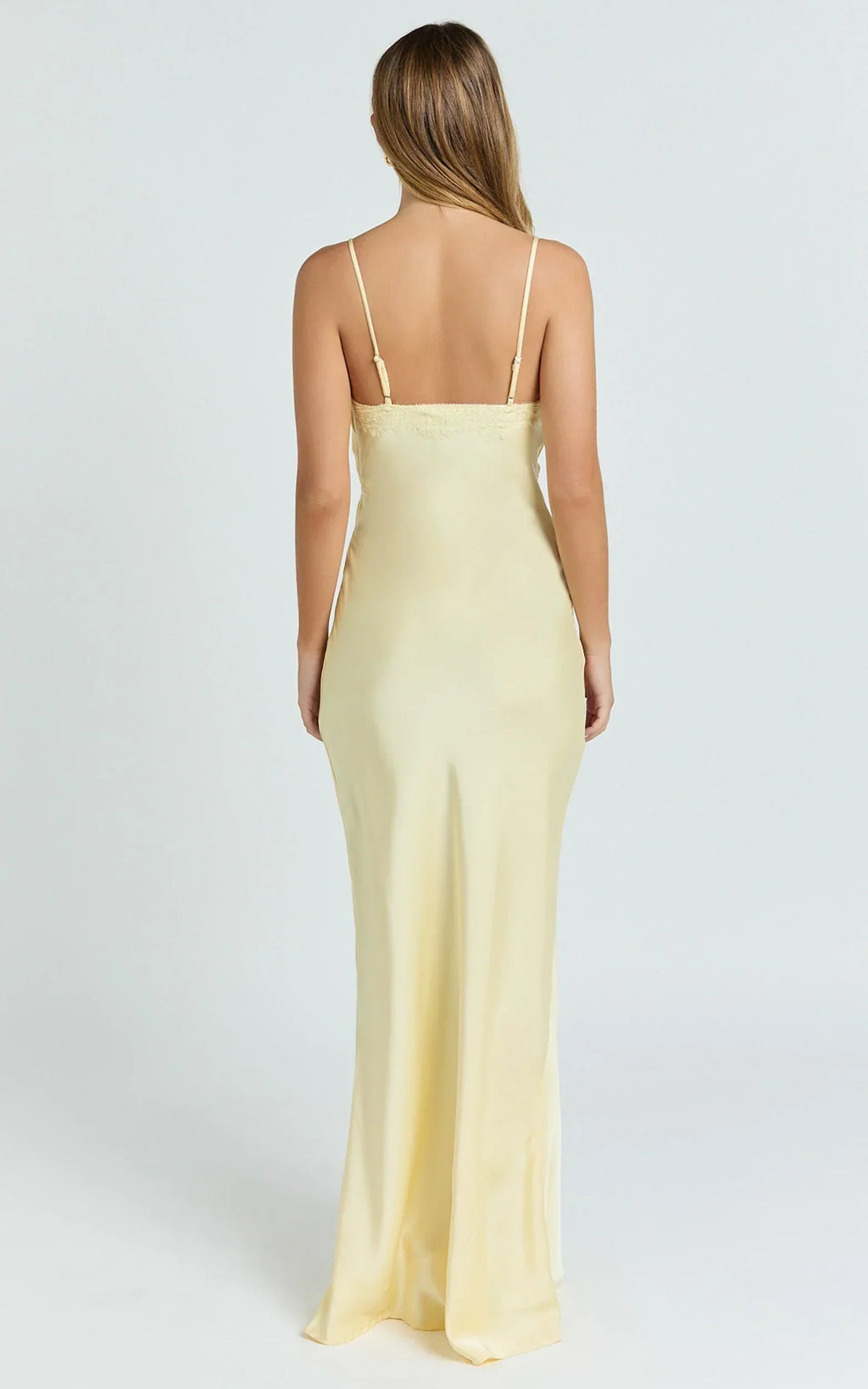 Liliane Maxi Dress - Lace Trim Bias Cut Dress in Lemon