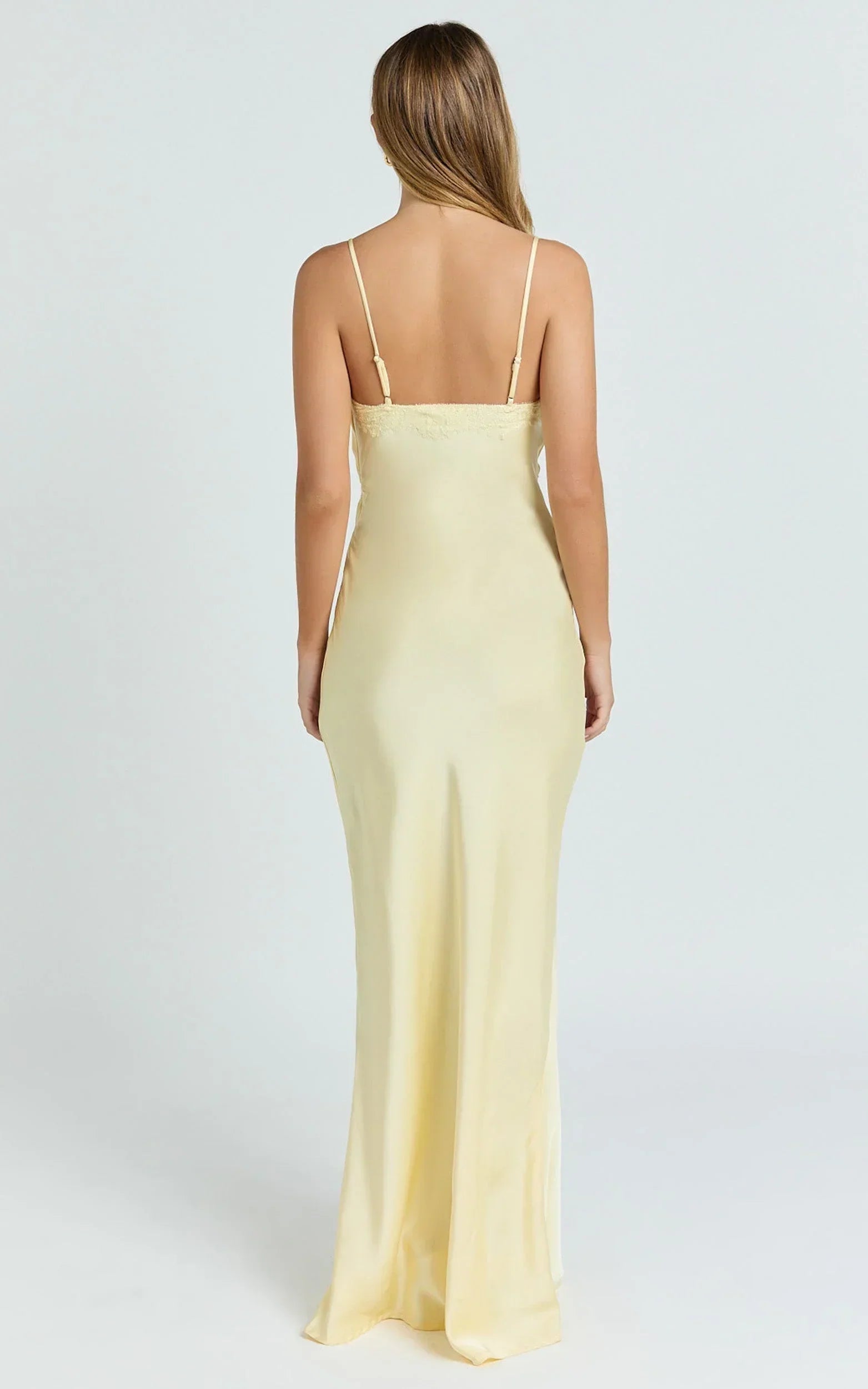 Liliane Maxi Dress - Lace Trim Bias Cut Dress in Lemon