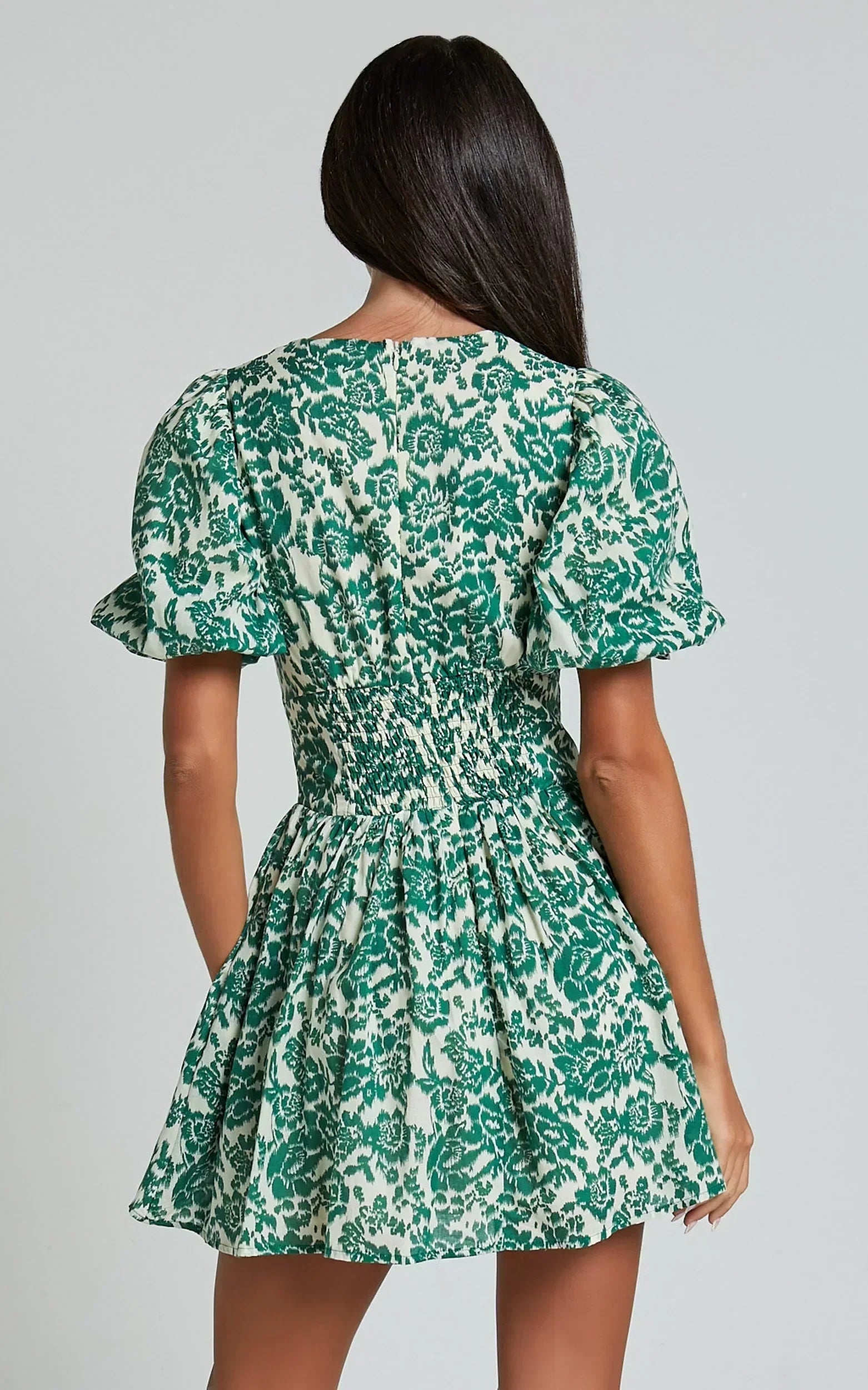Nelli Mini Dress - Short Puff Sleeve Shirred Back Dress in Green Silhouette