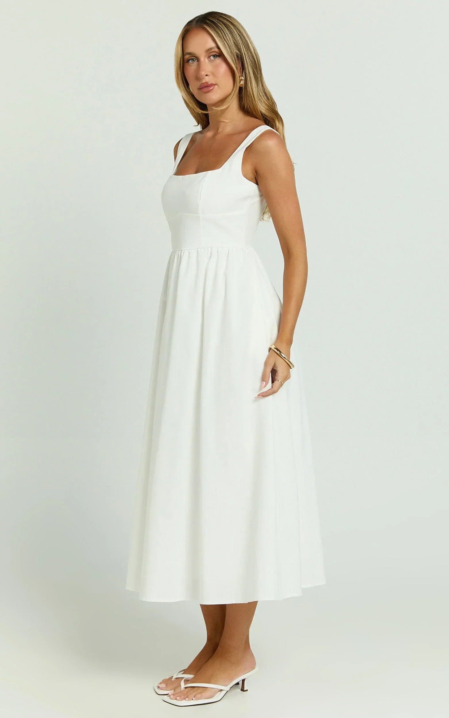 Khari Midi Dress - Linen Look Square A Line Dress in White
