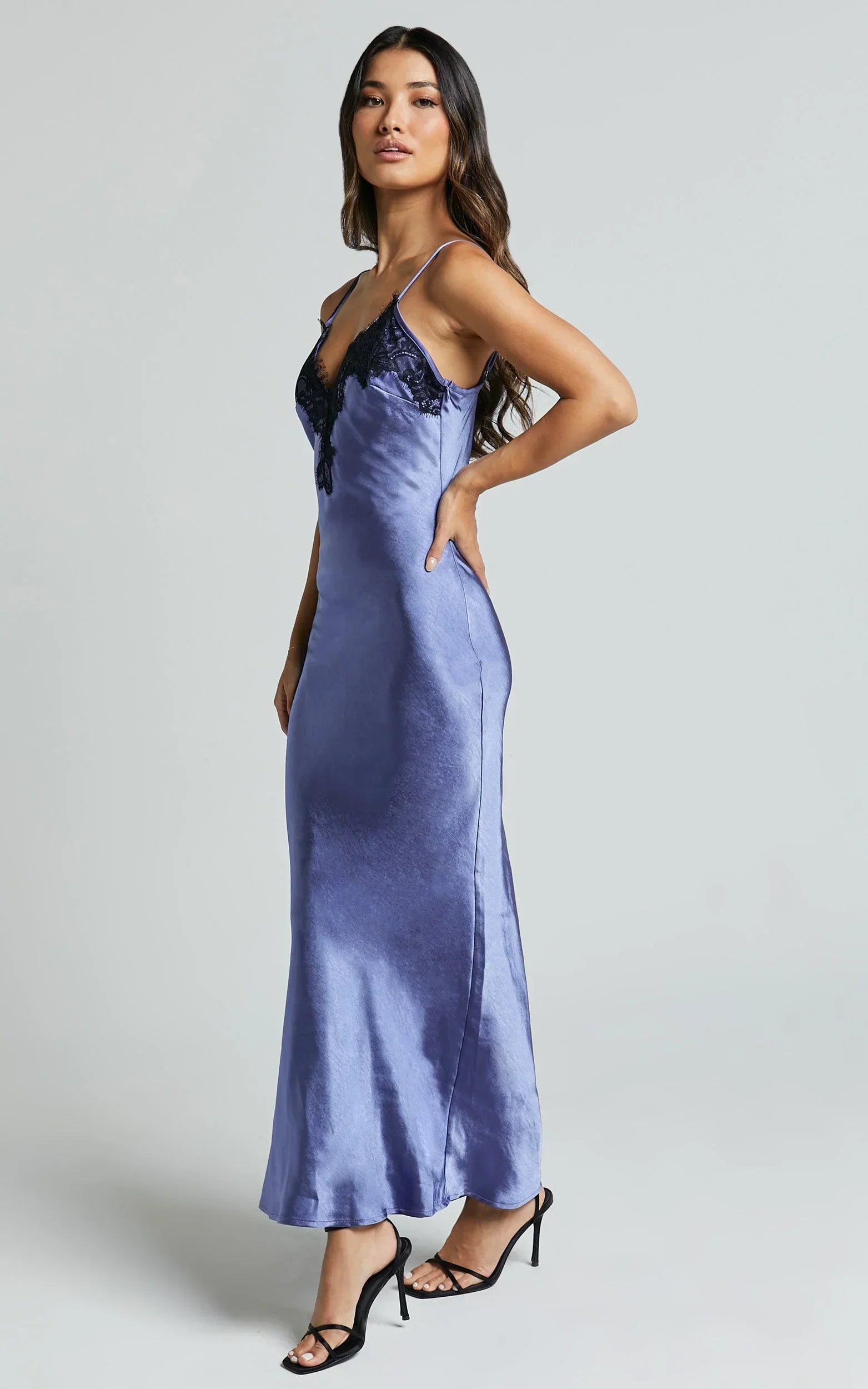 Ofeliya Midi Dress - Lace Trim Satin Slip Dress in Cornflower Blue