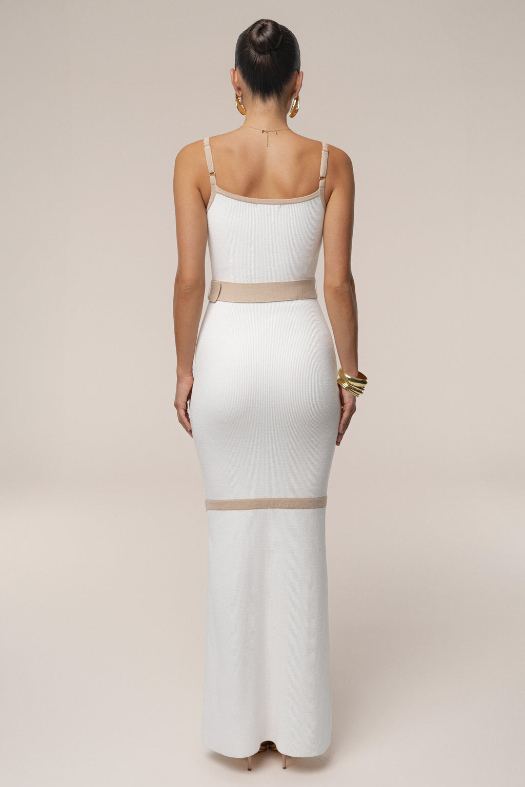Ivory Beige Belted Cami Maxi Dress