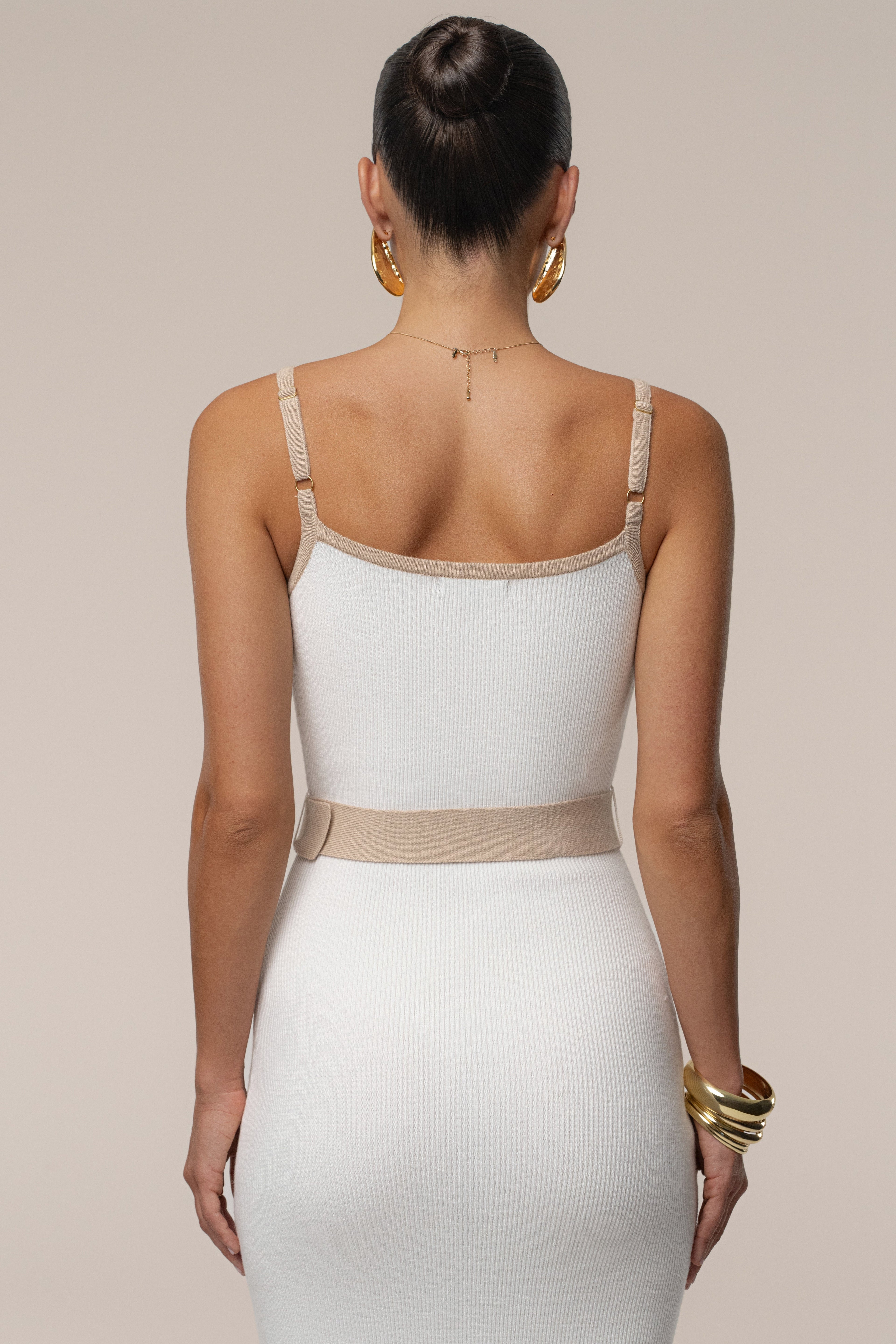 Ivory Beige Belted Cami Maxi Dress