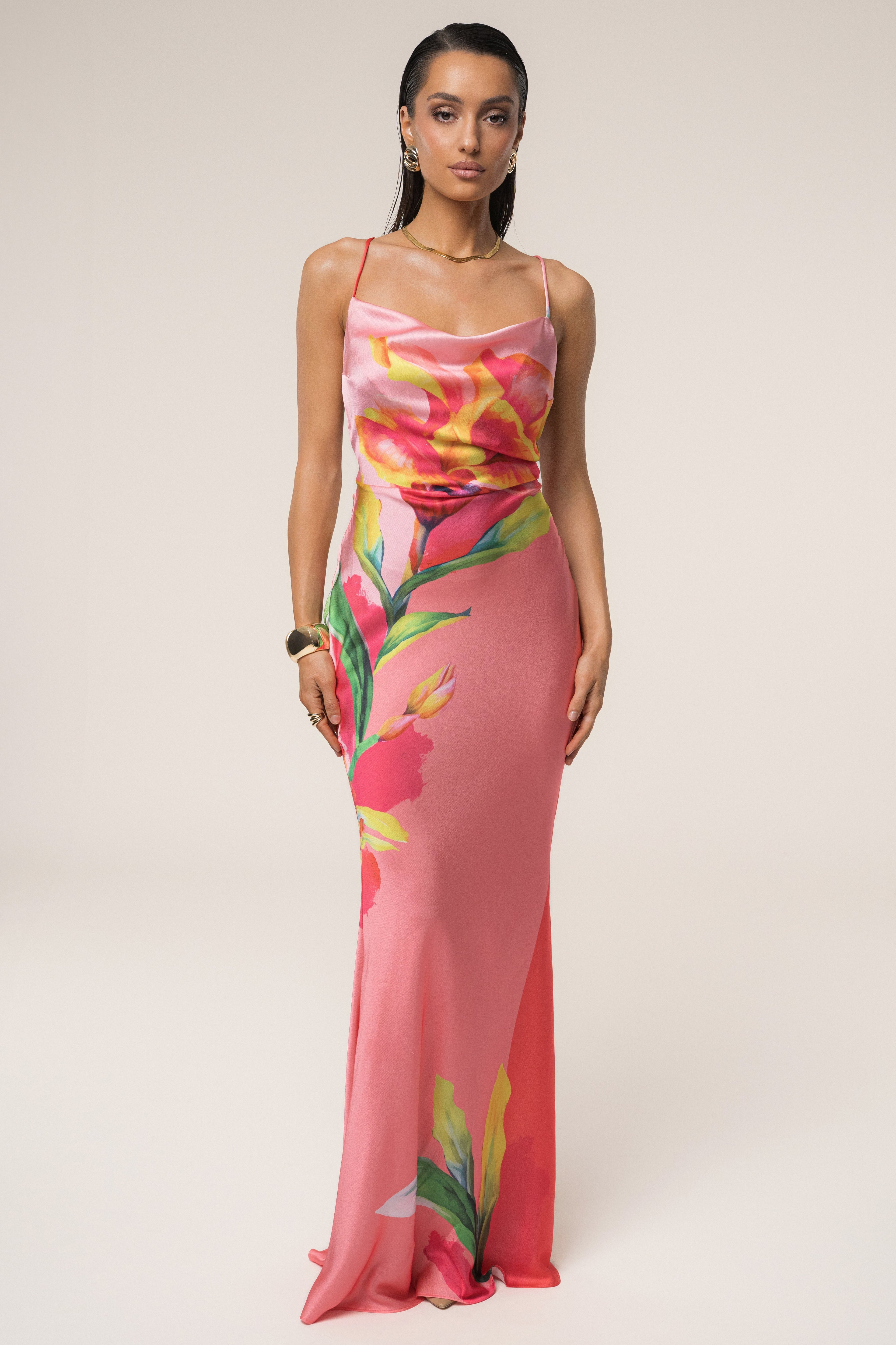 Satin Floral Print Maxi Dress