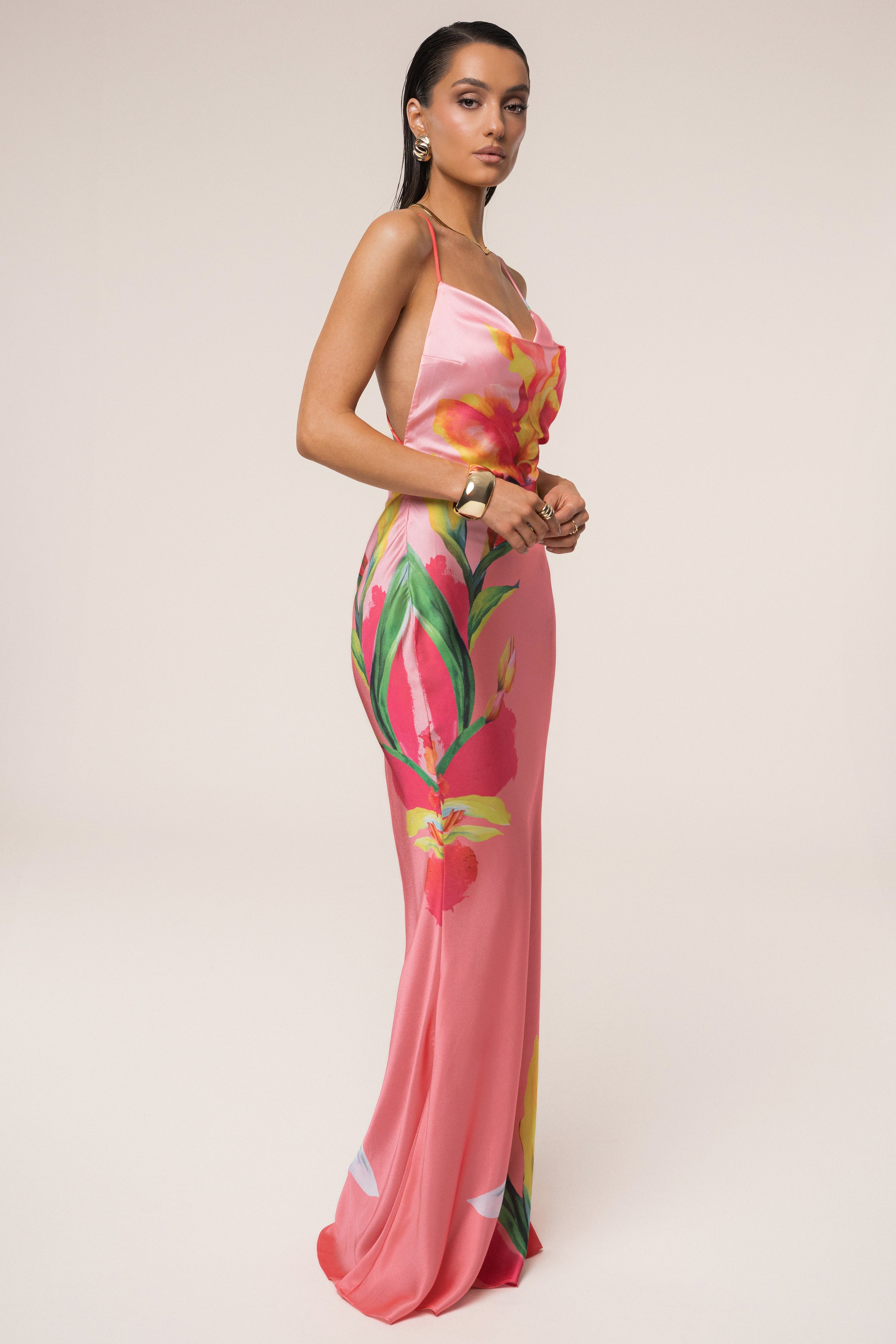 Satin Floral Print Maxi Dress