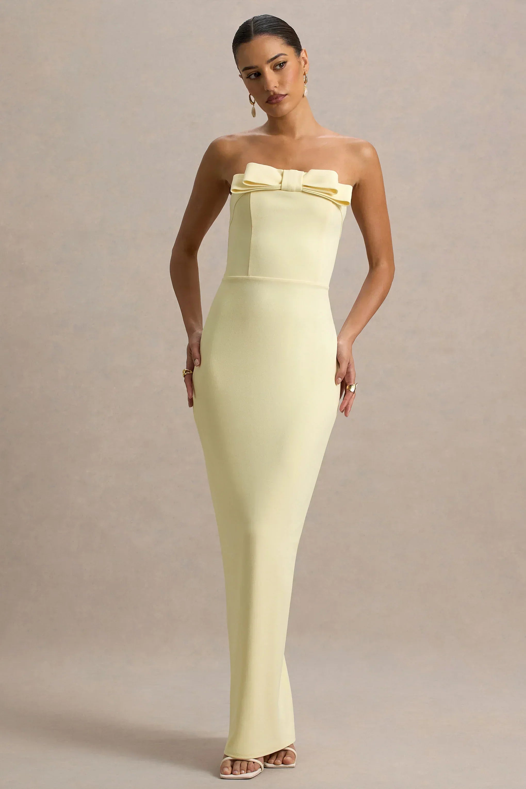 Hallie | Lemon Bandeau Maxi Dress With Bow Detail