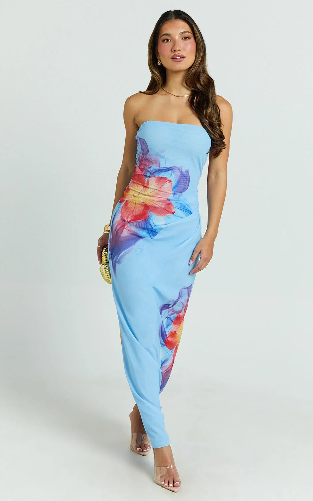 Jenny Maxi Dress - Strapless Mesh Bodycon Dress in Electric Print