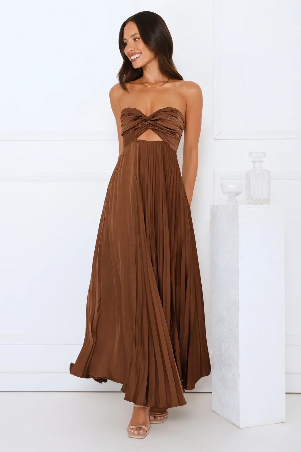 Vibes Are Priceless Strapless Satin Pleated Maxi Dress