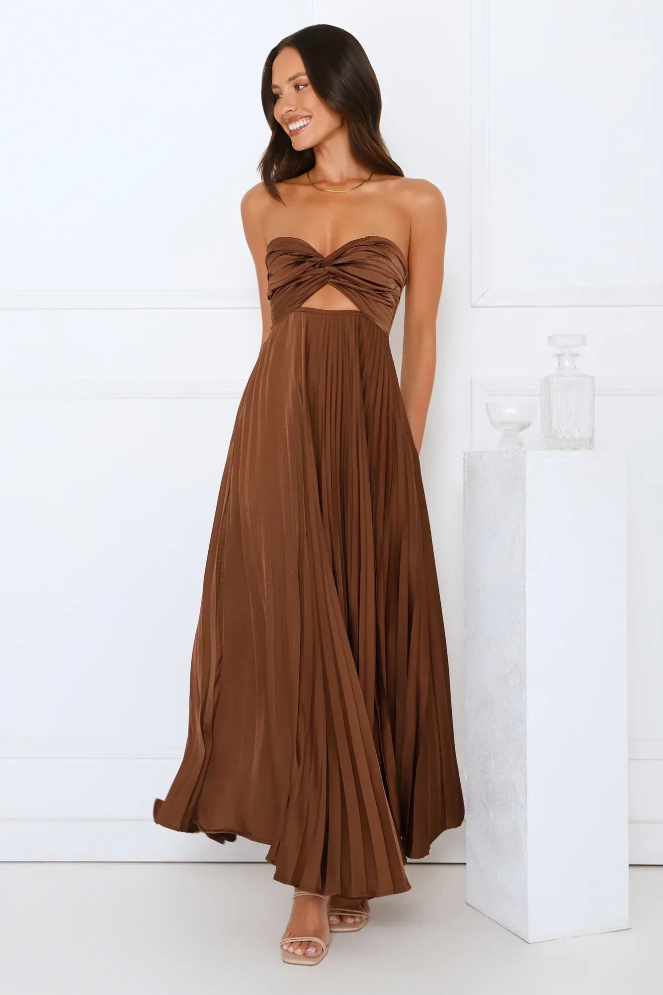 Vibes Are Priceless Strapless Satin Pleated Maxi Dress