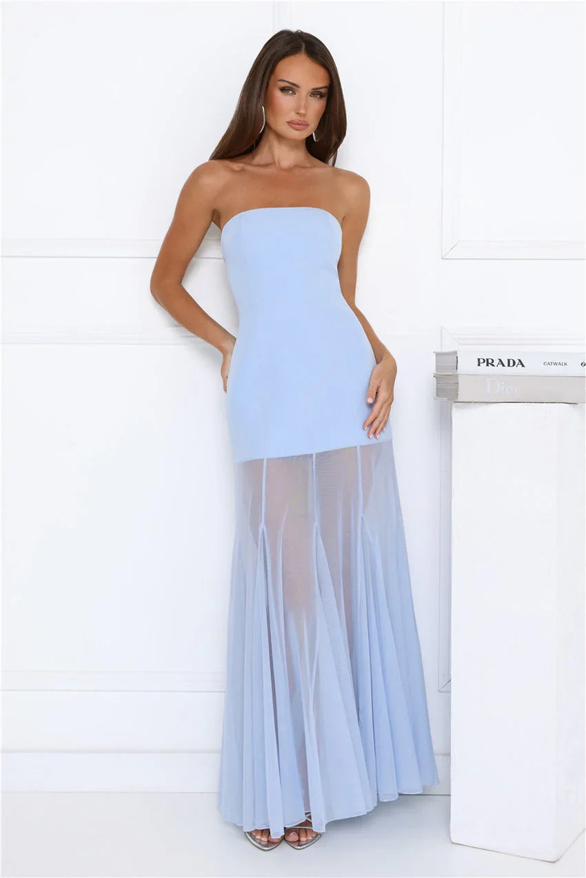 Dewkissed Bloom Strapless Maxi Dress Blue