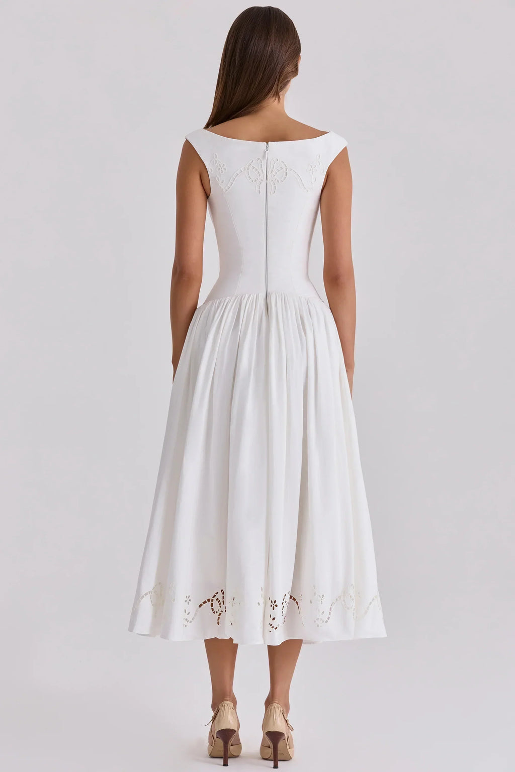 white cotton broderie anglaise boat neck maxi dress