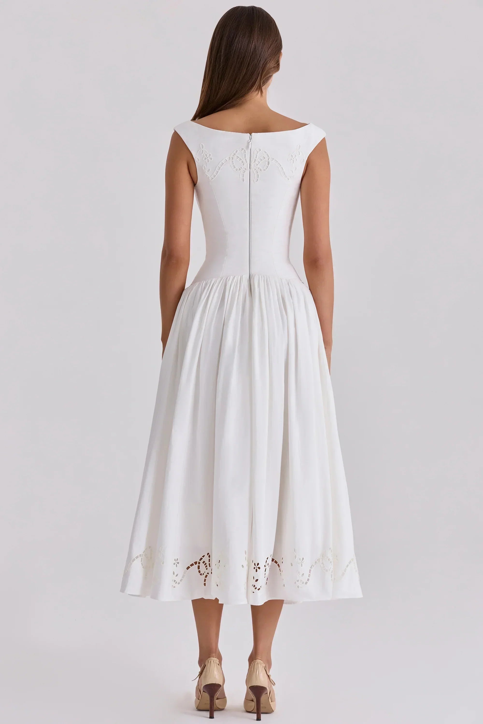 white cotton broderie anglaise boat neck maxi dress