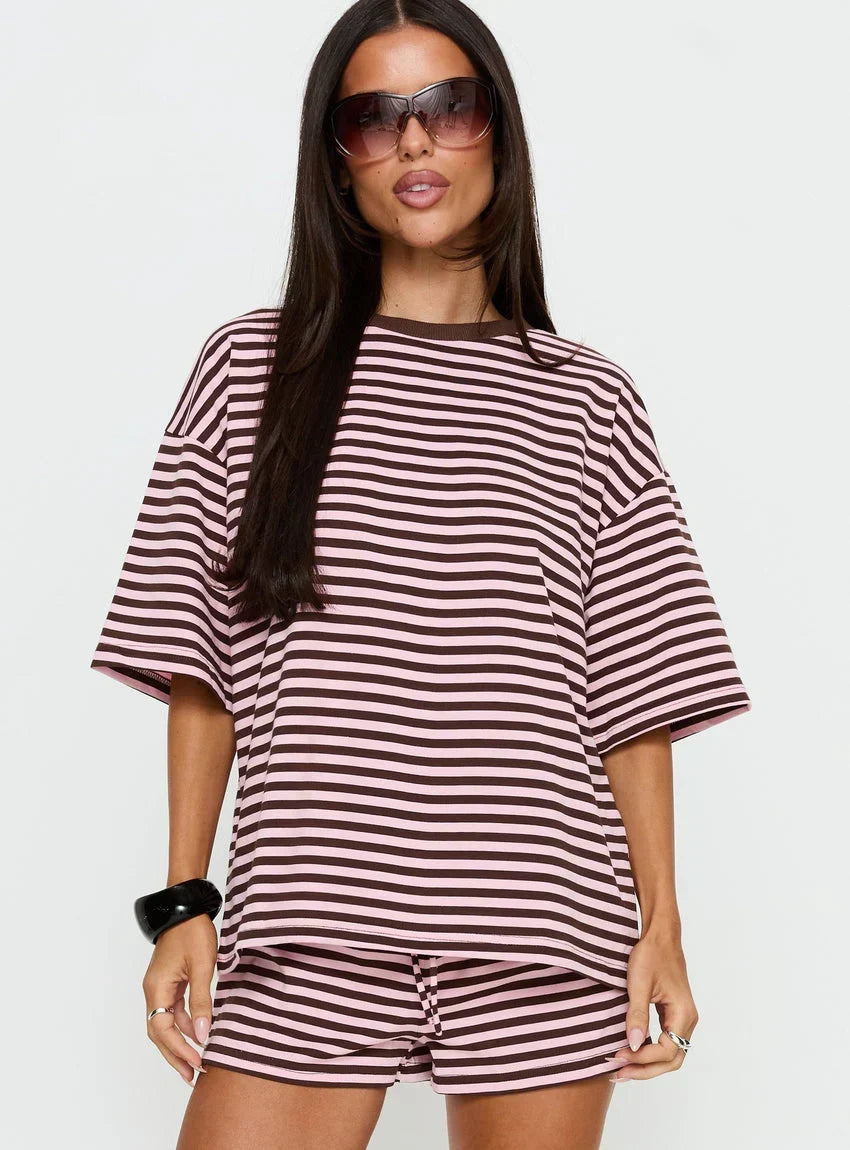 Settle Down Short Sleeve Top Pink / Brown Stripe