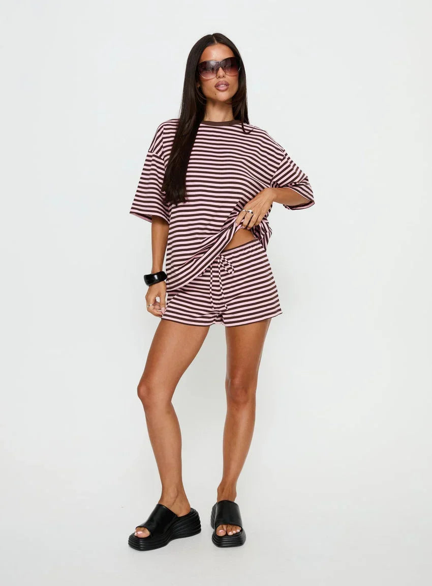 Settle Down Short Sleeve Top Pink / Brown Stripe