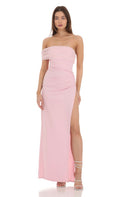 Off Shoulder Tulle Sleeve Maxi Dress in Pink