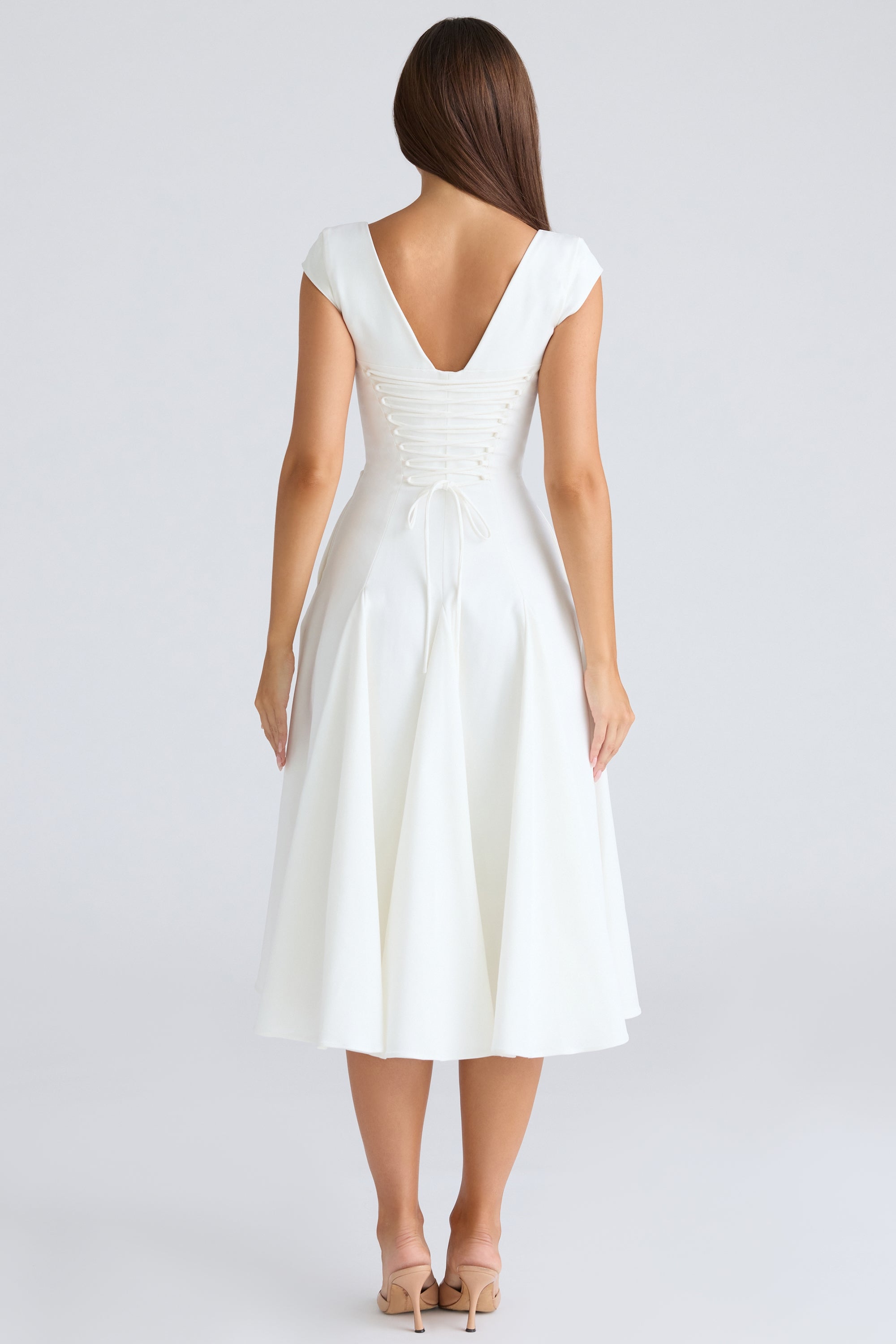 white square neck twill midi dress