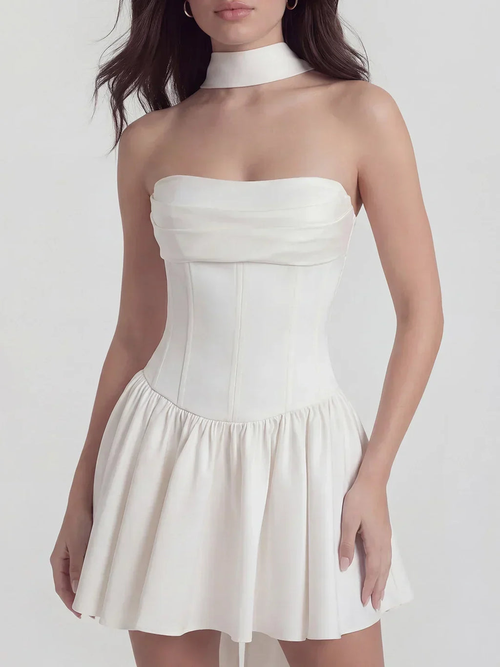Ribbon Strapless Corset Mini Dress With Scarf Detail
