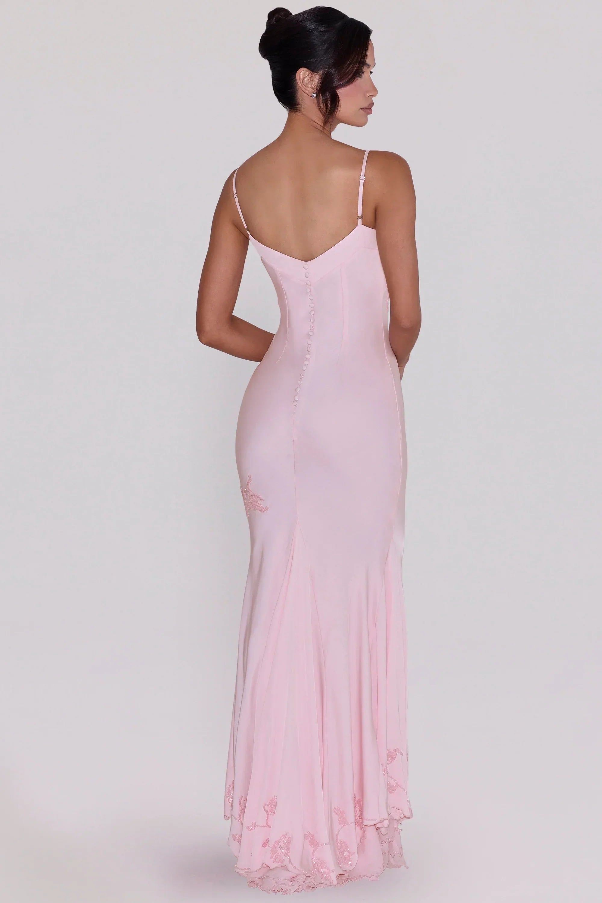 pink hand beaded embellished satin maxi dress