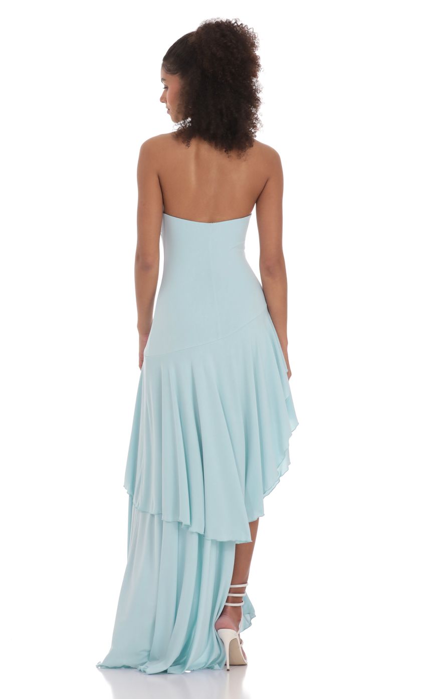 Strapless Ruffle Asymmetrical Maxi Dress in Blue