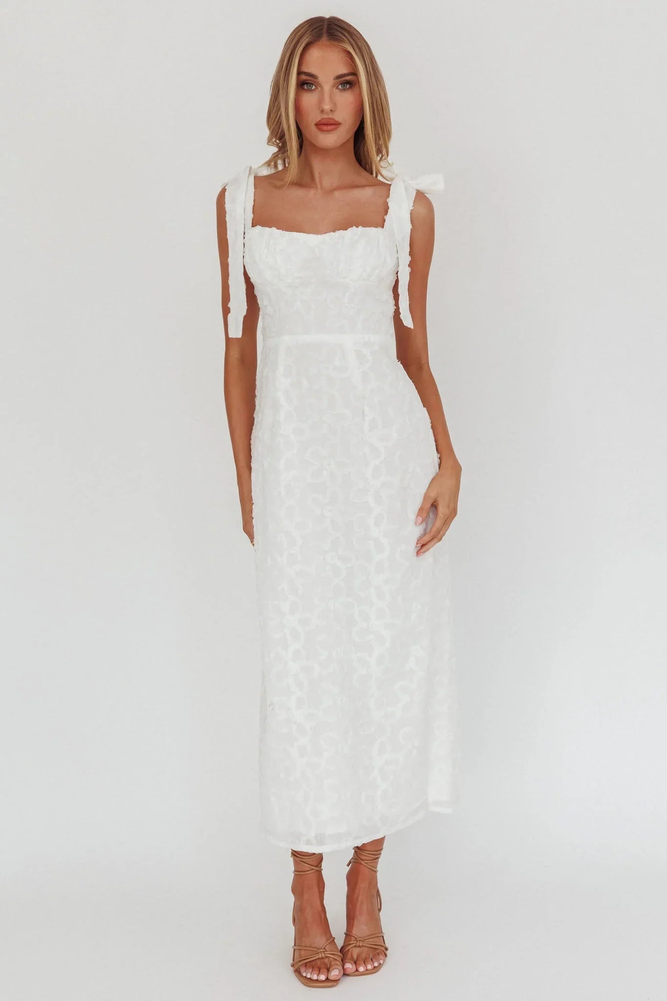 Cupid Tied Shoulder Embellished Midi Dress White